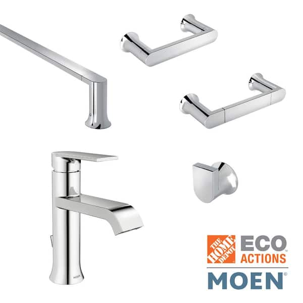 MOEN Genta Single Hole Single-Handle Bath Faucet with 4-Piece Hardware Set in Polished Chrome (24 in. Towel Bar)