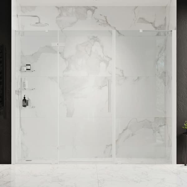 OVE Decors Tampa 85 in. - 87 3/8 in. W x 72 in. H Pivot Frameless Shower Door in Satin Nickel With Shelves