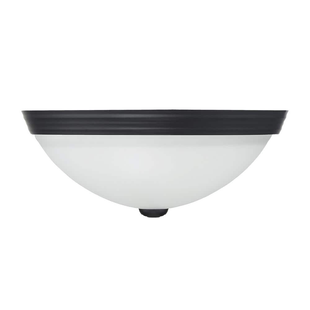 13" Black Nickel Flush Mount with White Etched Glass Shade