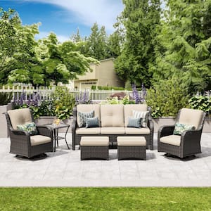 6-Piece Wicker Outdoor Patio Seating Set Sectional Sofa with Swivel Rocking Chair, Ottomans and Beige Cushions