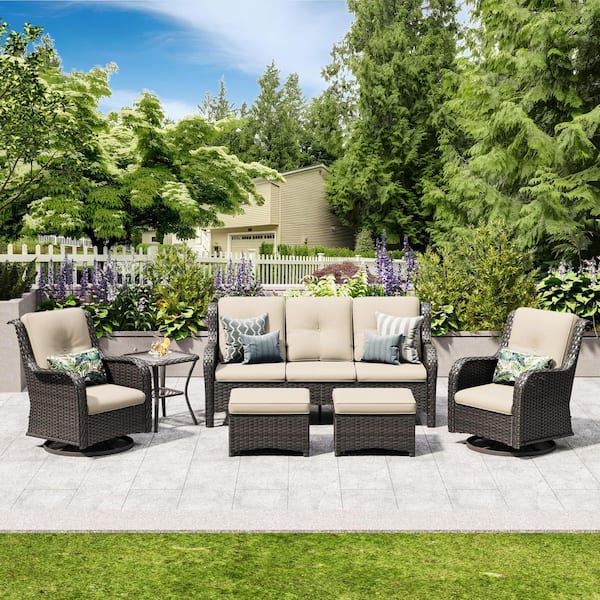 6-Piece Wicker Outdoor Patio Seating Set Sectional Sofa with Swivel Rocking Chair, Ottomans and Beige Cushions