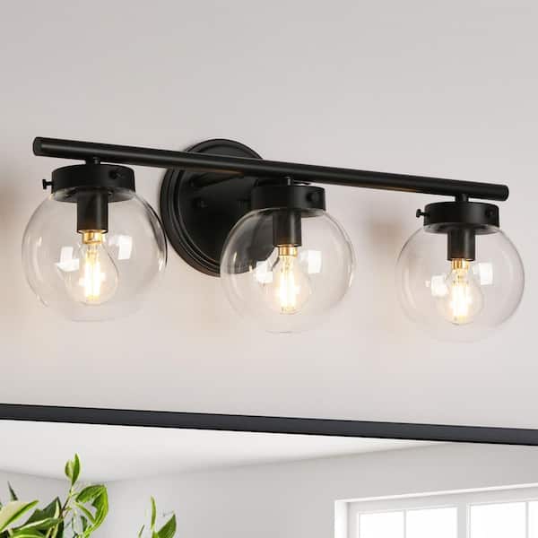 Industrial Black Bathroom Vanity Light, 19.5 in. 3-Light Modern Transitional Globe Wall Sconce with Clear Glass Shades