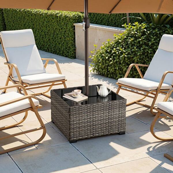 Glonia PE Wicker Outdoor Coffee Table with Umbrella Hole, Tempered Glass Top