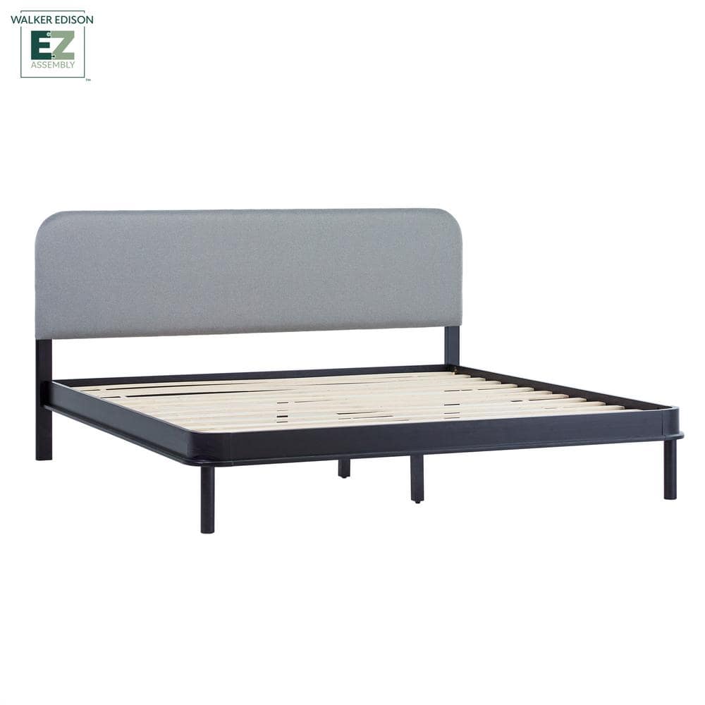 Contemporary Black Pine Wood King Bed with Gray Upholstered Headboard