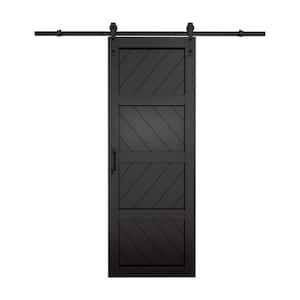 30 in. x 84 in. 4-Lites Black Wave MDF Barn Door Slab with Installation Hardware Kit