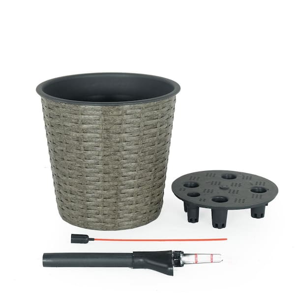 Gray Outdoor Plastic and Wood with Drainage Round Planter (10 in. W x 9 in. H)
