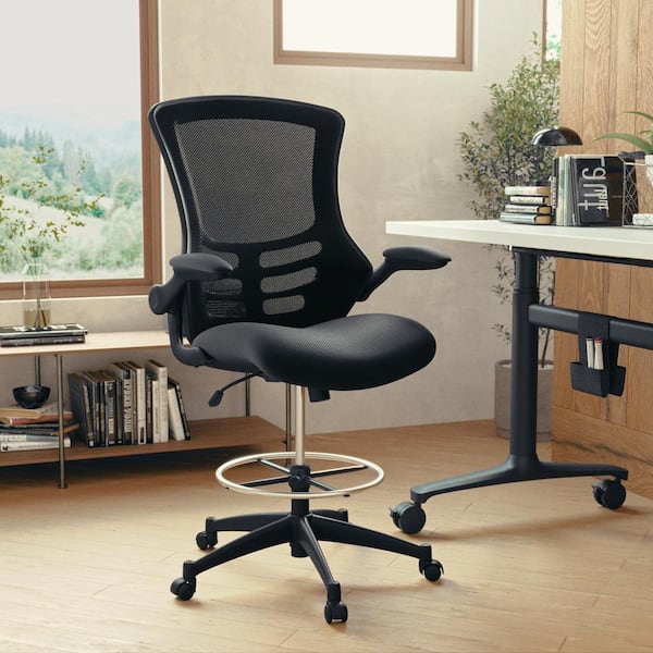Black Kelista Mid-Back Swivel Office Chair with Flip-Up Armrests and Foot Ring, Ergonomic Padded Mesh Desk Chair