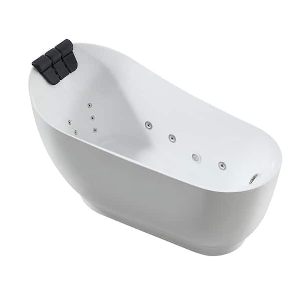 59 in. x 29.5 in. Right Drain Brushed Nickel Freestanding Whirlpool Bathtub Hydrotherapy Lighted Bath-16 Jets in White