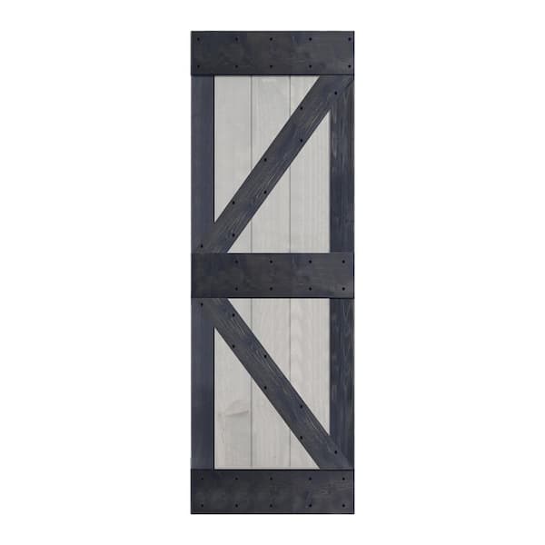 ISLIFE K Style 30 in. x 84 in. French Gray/Carbon Gray Finished Solid Wood Sliding Barn Door Slab - Hardware Kit Not Included