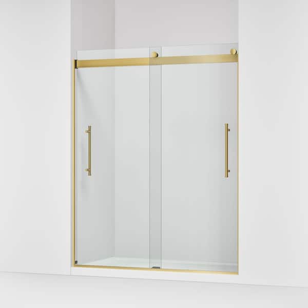 Elmbrook 55-60 in. W x 74 in. H Sliding Frameless Shower Door in Vibrant Brushed Moderne Brass with 5/16 in. Thick Glass