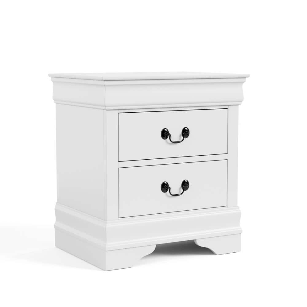 White Solid Wood 2-Drawer Nightstand with Antique Handles