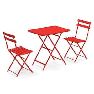 3-Piece Metal Outdoor Bistro Set of Foldable Square Table and Chairs in Red