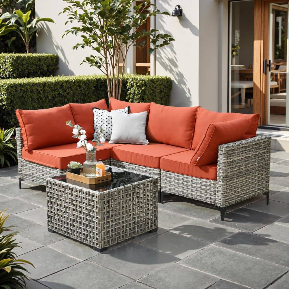 Coralia Gray 5-Piece Wicker Outdoor Sectional Set with Orange Red Cushion & Lighted Coffee Table for Patio, Deck, Yard price history on PriceWatchPro