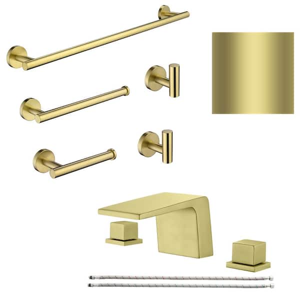UKISHIRO 8 in. Widespread Double Handle Bathroom Faucet Combo Kit Tub Spout with 24. in Towel Bar and Towel Hook in Gold