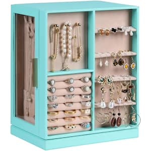 11.3 in. Turquoise Rectangle Wood Vertical 360 Degree Rotating Jewelry Box, Leather Jewelry Organizer with 6 Drawers