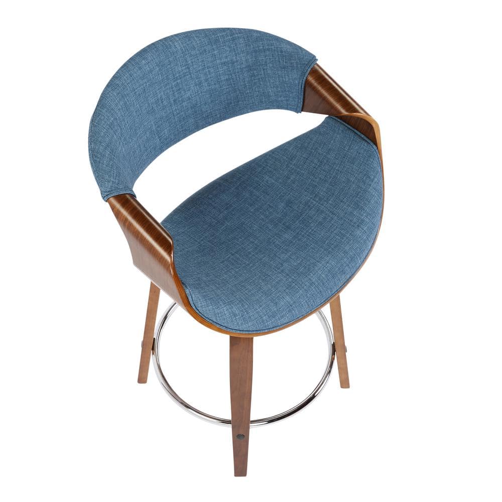 Curvini 20.5'' Walnut Wood and Blue Fabric Swivel Counter Stool - Set of 2