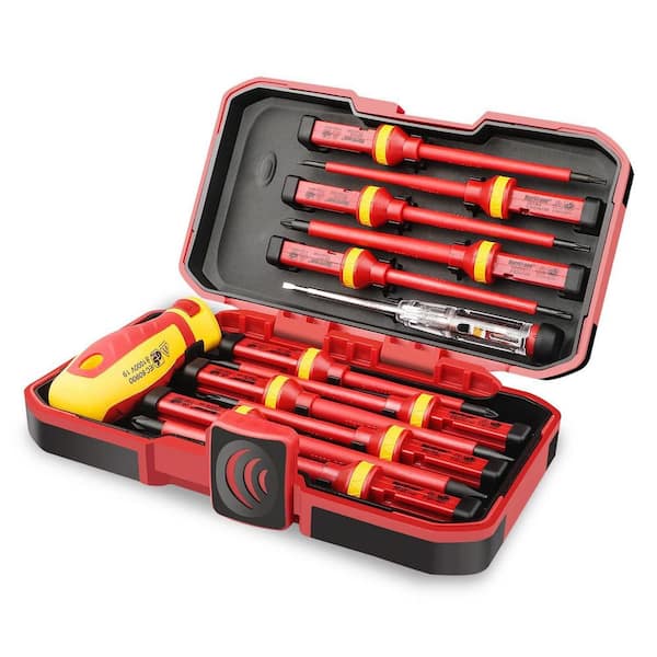 1000-Volt Insulated 5.5 in. Shank 13 Bit Red Insulated Electrician Screwdriver Hand Tool Set 13-Piece Magnetic Tips