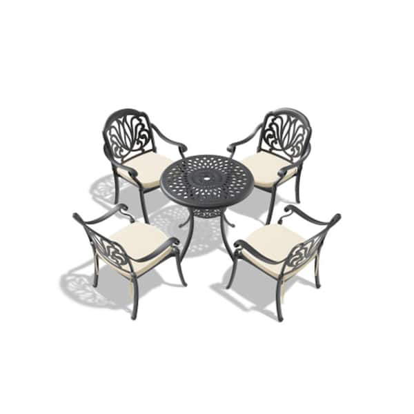 Misopily 5 Piece Cast Aluminum Black Outdoor Dining Set with Random Colors Cushions for Patio, Balcony, Backyard