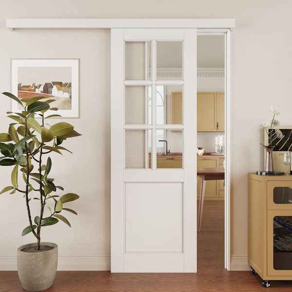 ARK DESIGN 28 in. x 80 in. Hidden Track Style 6-Lite Tempered Clear Glass White Primed MDF Sliding Barn Door with Hardware Kit