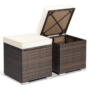 2-Piece Wicker Outdoor Patio Ottomans Hand-Woven PE Wicker Footstools with Removable Off White Cushions