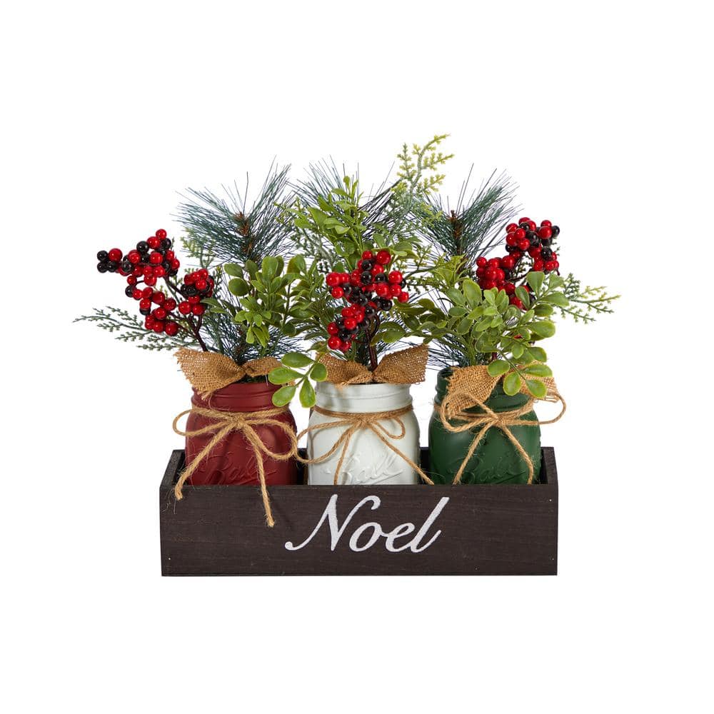 Nearly Natural 12 in. Unlit Holiday Winter Pine and Berries 3-Piece ...