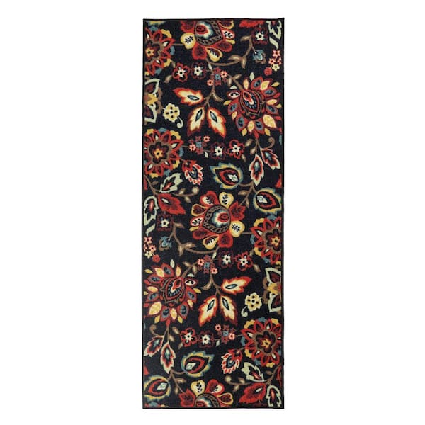 Berber Collection Floral Black 26 in. W x 276 in. L Stair Runner 49.9 sq. ft.