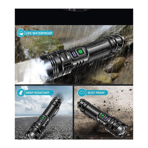 Lukyamzn 1.77 in. Screen Rechargeable Flashlights 10000 High Lumens Single 1-Mode Super Bright, High Powered LED Flashlight SA1127B192 - The Home Depot Lukyamzn 1.77 in. Screen Rechargeable Flashlights 10000 High Lumens Single 1-Mode Super Bright, High Powered LED Flashlight SA1127B192 - The Home Depot