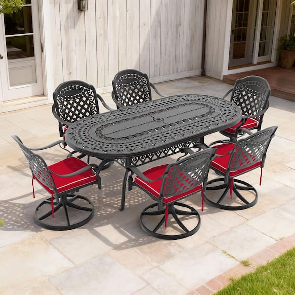 Black 7-Piece Cast Aluminum Oval Bar Height Outdoor Dining Set with Swivel Chairs Durable Construction