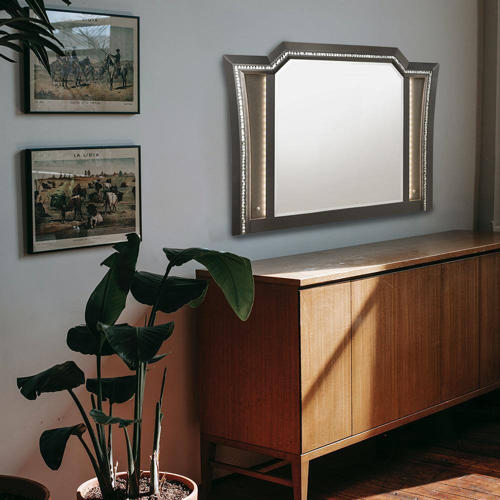 Gray Rectangular Wood Mirror with LED Lights and Crystal Trim