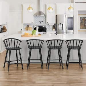Winson Windsor 24 in.Black Solid Wood Bar Stool for Kitchen Island Counter Stool with Spindle Back Set of 4