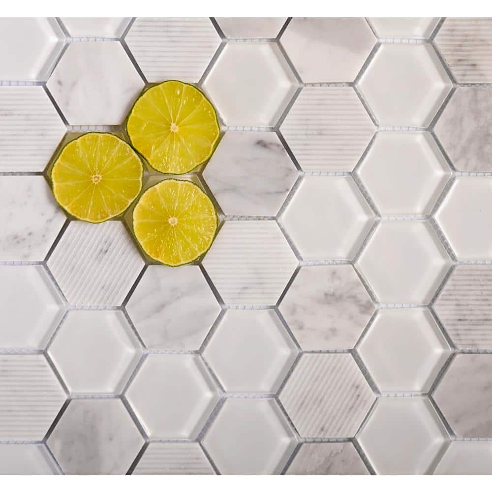 Gray Hexagon Glass and Marble Mosaic Tile for Walls and Floors