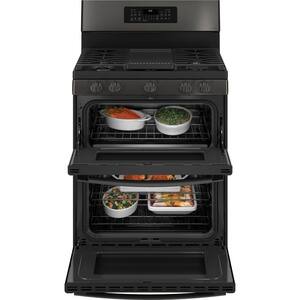 Profile 30 in. 6.8 cu. ft. Double Oven Gas Range with Self-Cleaning Convection Oven in Black Stainless