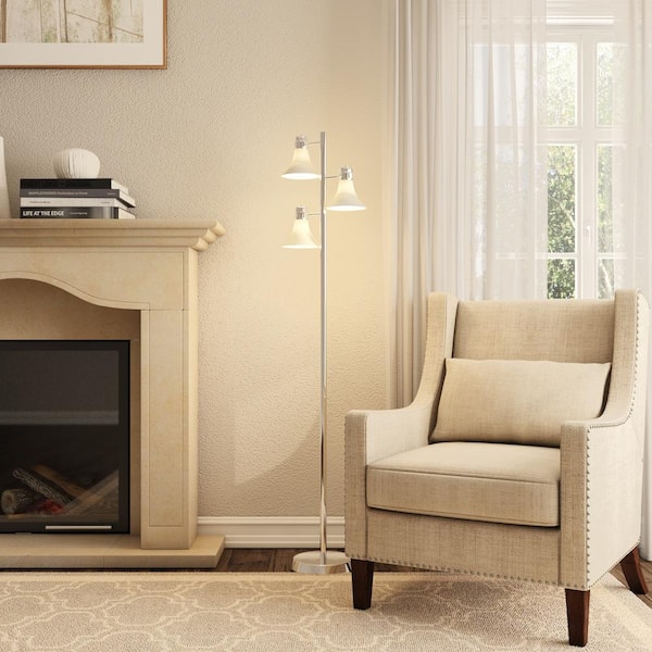 Hampton Bay 64-1/2 in. Brushed Nickel Floor Lamp with 3 Plastic Bell Shades