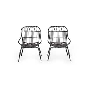 Outdoor Balcony Rattan Strap Iron Lounge Chair in Gray (2 Sets)