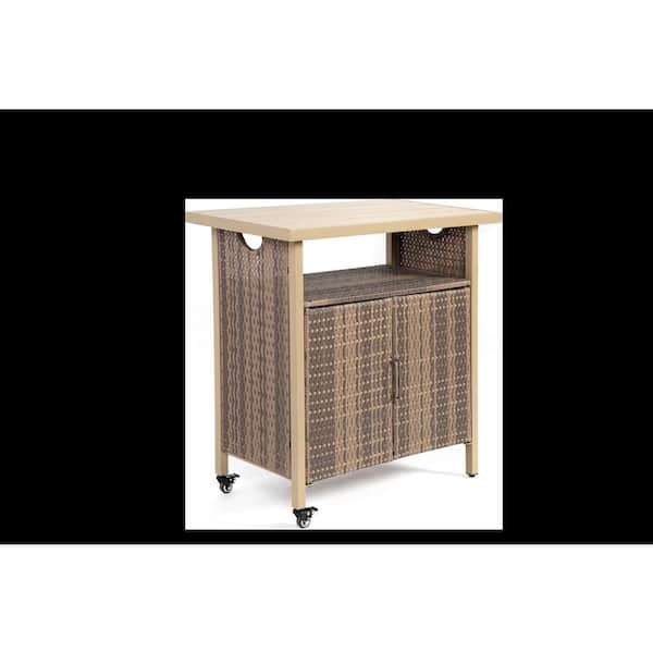 Sungrd Outdoor Wicker Bar Cart, Patio Wine Serving Cart with Wheels, Rolling Rattan Beverage Bar Counter Table with Glass Top