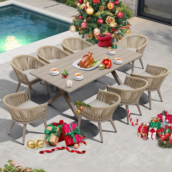 9-Piece Aluminum All-Weather PE Rattan Rectangular Outdoor Dining Set with Cushion, Champagne