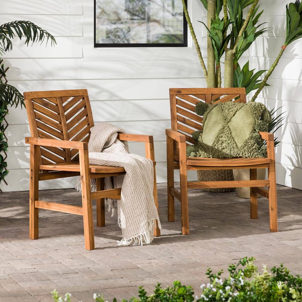 Set of 2 Brown Chevron Slatted Acacia Wood Patio Chairs