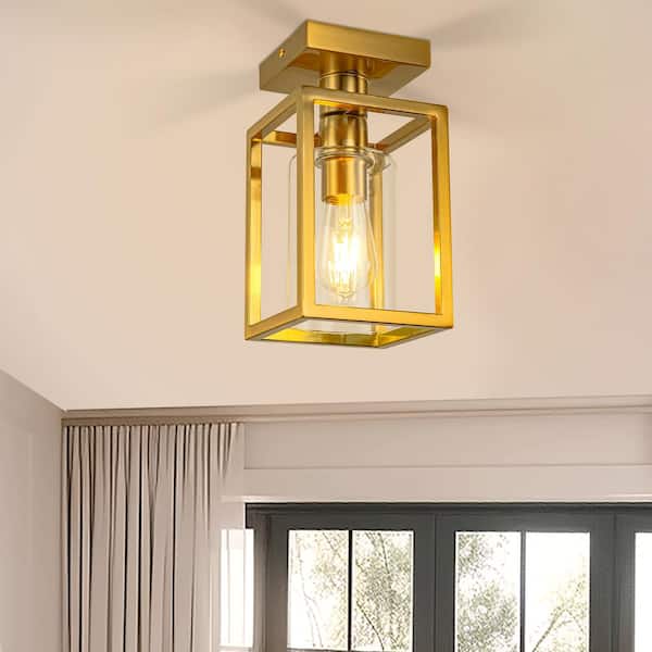 YANSUN 5.51 in.Gold 1-Light Farmhouse Cage Semi Flush Mount Ceiling Light with Glass Shade for Living Room, Bedroom, Entryway