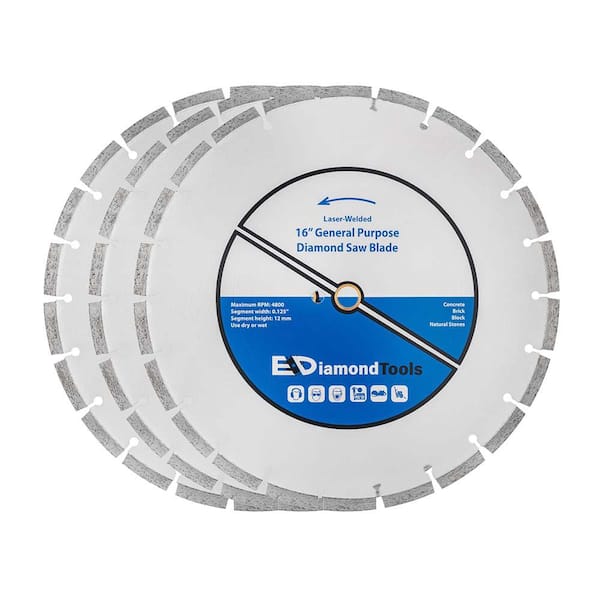 16 in. Laser Welded Segmented Rim Diamond Saw Blade for Concrete, Brick, Block, Masonry and Stone, 1 in. Arbor (3-Pk)