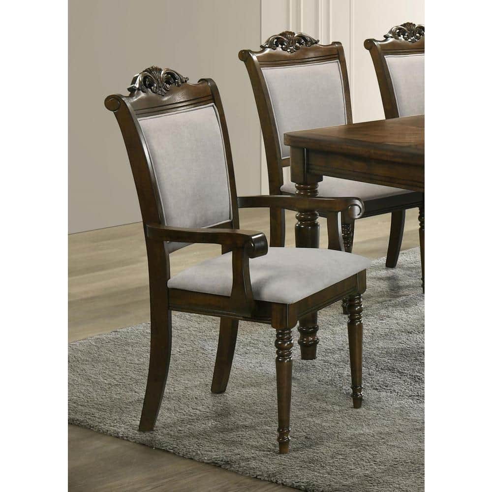 Gray and Chestnut High Back Upholstered Wood Arm Chair Set