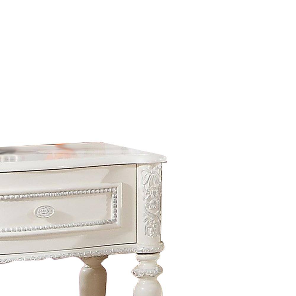 Ivory Floral Carved Wood 1-Drawer Nightstand