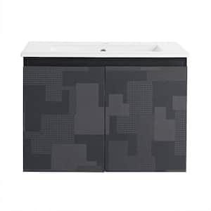 24 in. W x 18.3 in. D x 17.3 in. H Single Sink Floating Bath Vanity in Black Tetris with White Ceramic Top and Cabinet