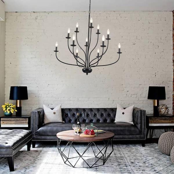 12-Light 3 Tiers Matte Black Candle Style Chandelier for Dinning Room Kitchen Island with No Bulbs Included