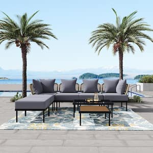 8-Piece Metal Outdoor Sectional Sofa Set with Tempered Glass Coffee Table, Wooden Coffee Table and Light Grey Cushions