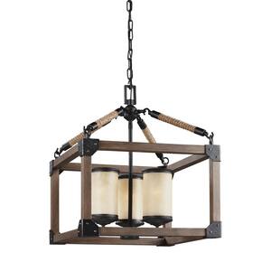 Dunning 3-Light Weathered Gray and Distressed Oak Rustic Farmhouse Single Tier Hanging Candlestick Chandelier