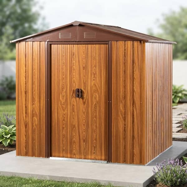 Brown 6 ft. W x 6 ft. D Metal Outdoor Storage Shed with Metal Foundation and Lockable Sliding Doors (36 sq. ft.)