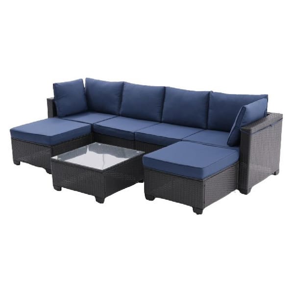 ITOPFOX Dark Coffee 7-Pcs. Wicker Outdoor Sectional Set with Blue Cushions PE Rattan and Steel Frame With Cushions