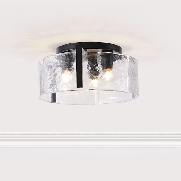 Candela 15 in. Antique Black Round 3-Light Textured Glass Panels Flush Mount