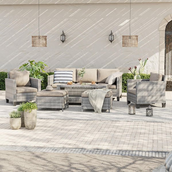 6-Piece Gray Wicker Outdoor Conversation Seating Sofa Set with Coffee Table, Linen Flax Beige Cushions