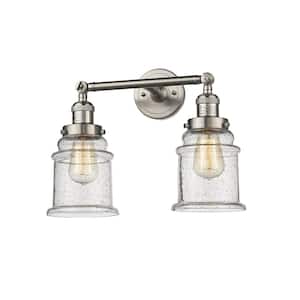 Large Canton 16.5 in. 2-Light Brushed Satin Nickel Vanity Light with Seedy Glass Shade